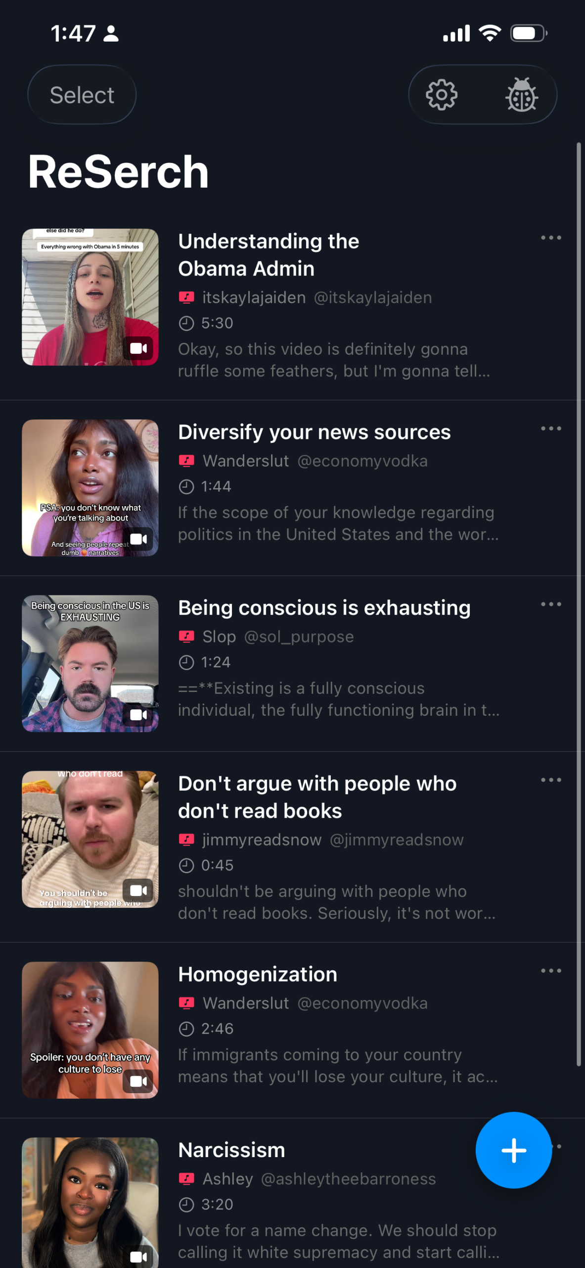 ReSerch app — transcript history list